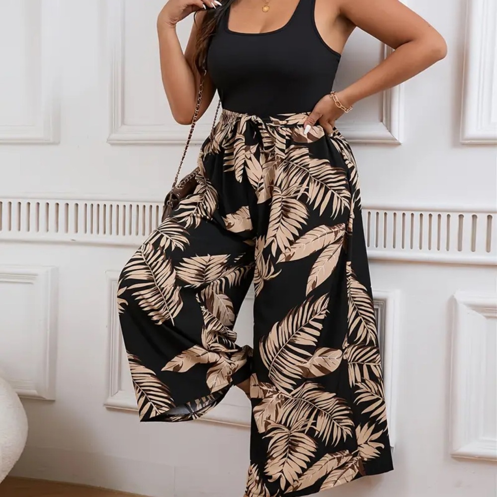Jumpsuit Romper Wide Leg Stretch Top/Waist So Flattering Floral Belted NWT Sz 2x - Picture 5 of 9